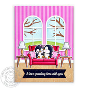 Sunny Studio Penguins Kissing On Sofa "I Love Spending Time With You" Valentine's Day Card (using Cozy Christmas Clear Stamps)