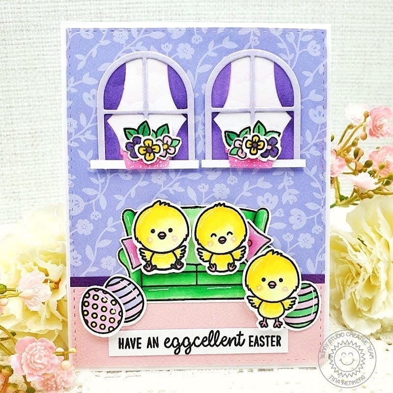 Sunny Studio Stamps Chicks in Living Room with Windows & Easter Eggs Card (using Wonderful Windows Metal Cutting Dies)