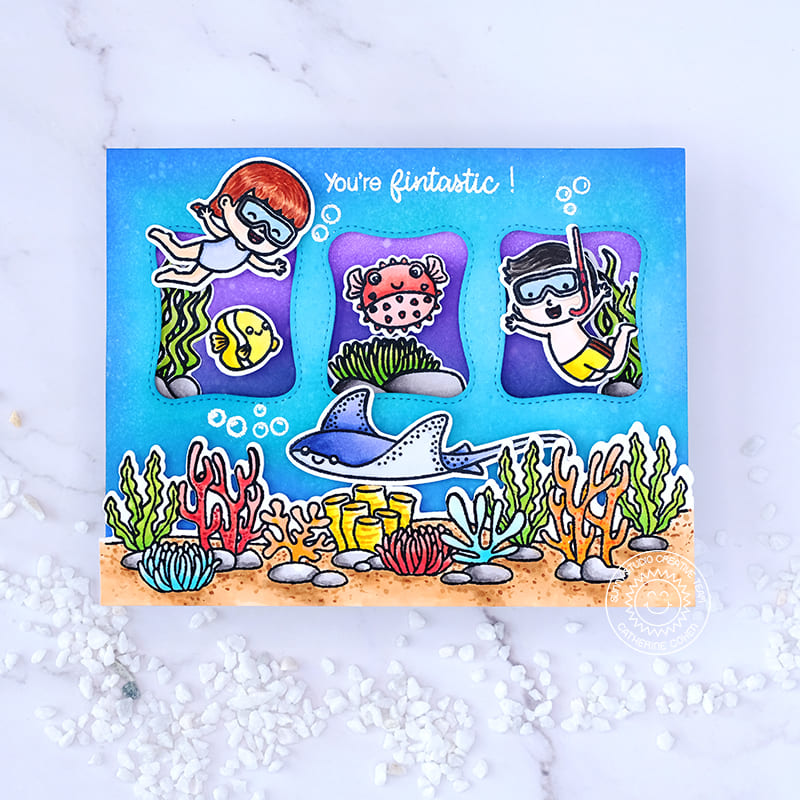 Sunny Studio Stamps You're Fintastic Punny Kids Snorkling with Fish Aquarium Card (using Wonky Windows Metal Cutting Dies)
