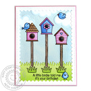 Sunny Studio Birds with Bird House Birdhouse Scalloped Birthday Card using A Birds Life Clear Craft Stamps