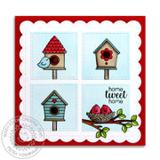 Sunny Studio Home Tweet Home Birds with Nest & Birdhouses Scalloped Square Grid Card using A Birds Life Clear Craft Stamps