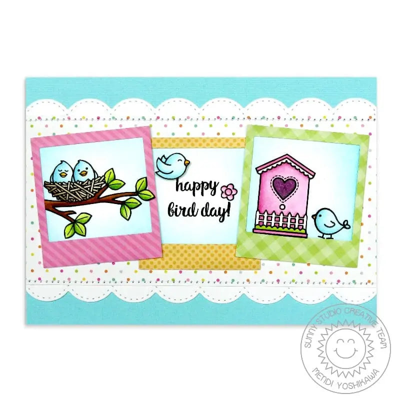 Sunny Studio Stamps Happy Bird Day Card using Stitched Scalloped Border Dies