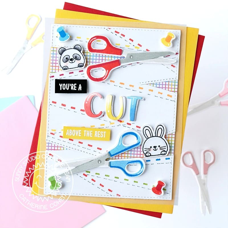 Sunny Studio Bunny & Panda Bear with Scissors Cutting On the Dotted Line Card (using A Cut Above 4x6 Clear Layering Stamps)
