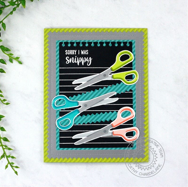 Sunny Studio Stamps Sorry I Was Snippy Punny Zig Zag Scissors Card (using Notebook Photo Corners Metal Cutting Dies)