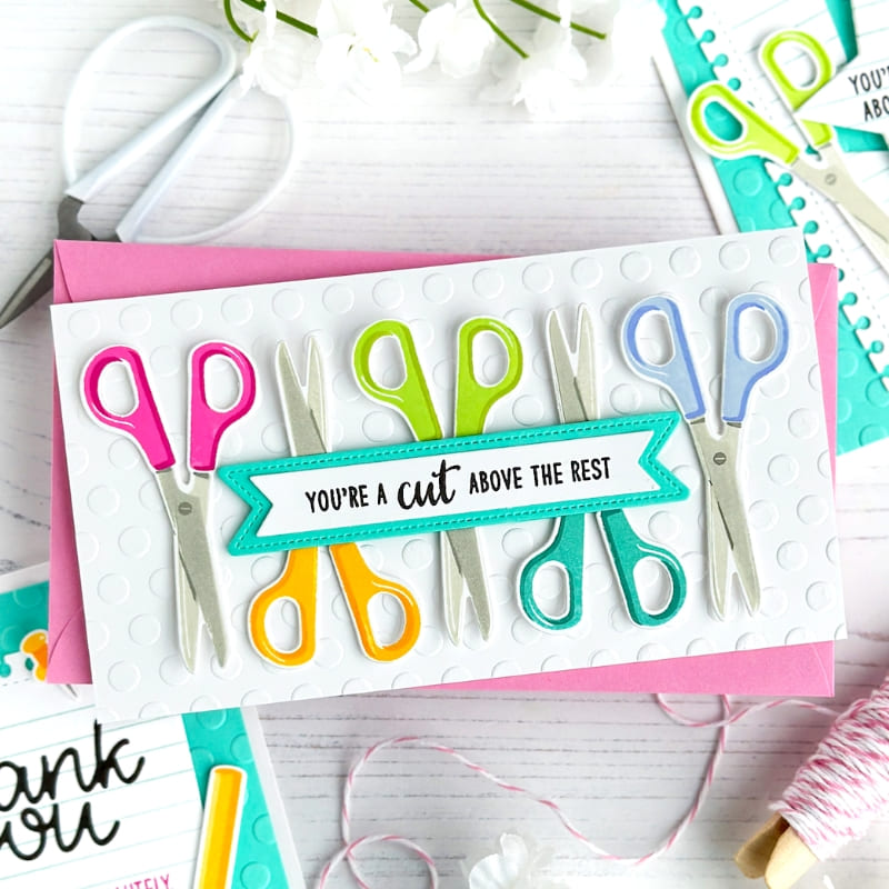 Sunny Studio Stamps You're A Cut Above The Rest Punny Scissors Polka-dot Embossed Card (using Lots of Dots 6x6 Embossing Folder)