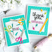 Sunny Studio Scissors, Pencil & Notebook Thank You Teacher Polka-dot Embossed Card using Notebook Photo Corners Cutting Dies