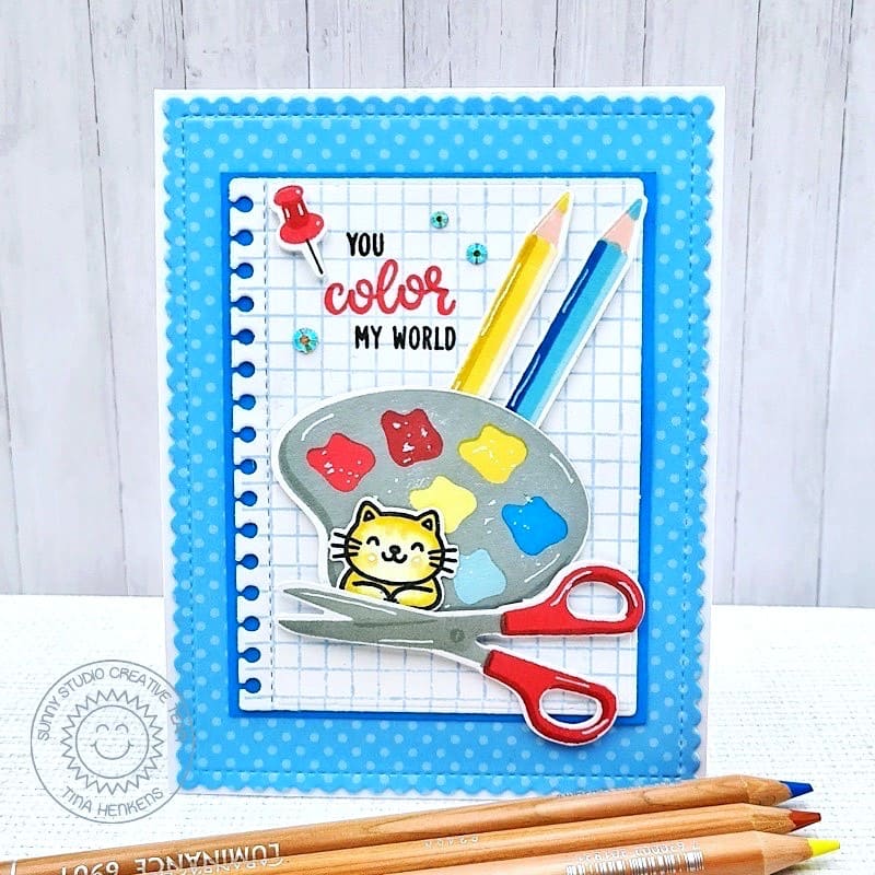 Sunny Studio You Color My World Cat With Paint Palette, Scissors, Colored Pencils Card using Notebook Tabs Metal Cutting Die