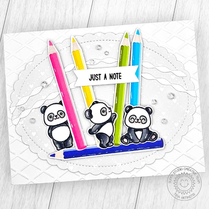 Sunny Studio Stamps Just A Note Panda Bears and Oversized Colored Pencils Embossed Card using Dapper Diamond Embossing Folder