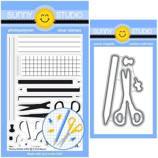 Sunny Studio A Cut Above Layered Layering Scissors, Colored Pencils & Pushpin School Clear Stamps & Metal Cutting Craft Dies