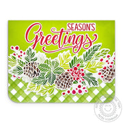 Sunny Studio Stamps Pinecones Berries Season's Greetings Holiday Christmas Card using Buffalo Plaid Diagonal Metal Craft Die