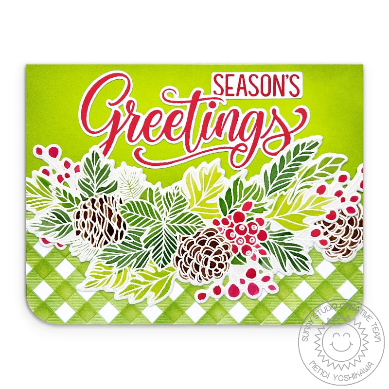 Sunny Studio Stamps Pinecones Berries Season's Greetings Holiday Christmas Card using Buffalo Plaid Diagonal Metal Craft Die