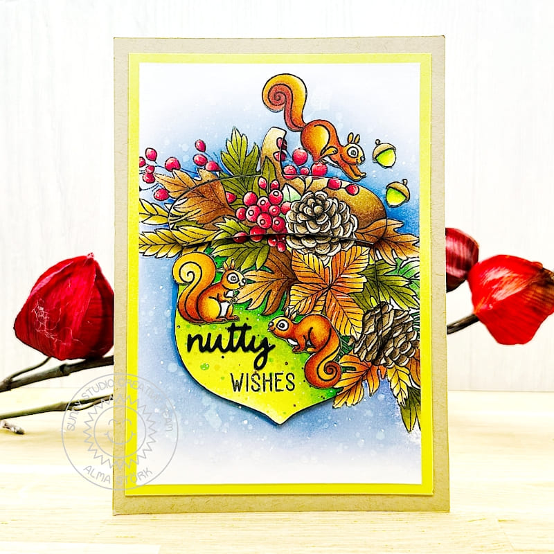 Sunny Studio Squirrels with Big Acorn & Fall Leaves Nutty Wishes Card by Alexandra Stork using Autumn Garland Clear Stamps