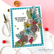 Sunny Studio Pink & Aqua Fall Leaves Leaf & Pinecone Bouquet Christmas Holiday Card using Autumn Garland Clear Craft Stamps