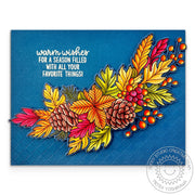 Sunny Studio Leaves, Berries, & Pinecones Blue Checkered Embossed Fall Card using Autumn Garland 4x6 Clear Craft Stamps