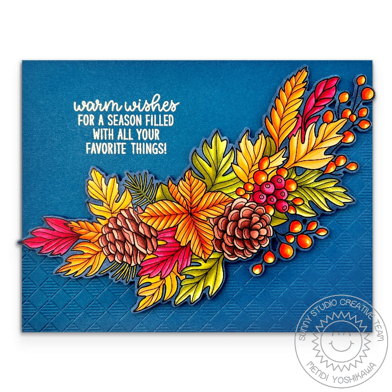 Sunny Studio Leaves, Berries, & Pinecones Blue Embossed Fall Card using Inside Greetings Seasons Clear Craft Sentiment Stamps