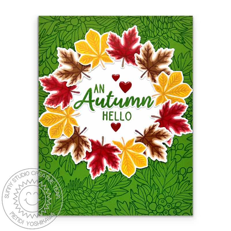 Sunny Studio Kelly Green Fall Maple Leaves Leaf Wreath Handmade Hello Greeting Card using Autumn Garland Clear Craft Stamps