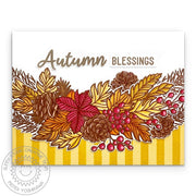 Sunny Studio Yellow Striped Distress Embossing Glaze Fall Leaves Handmade DIY Card using Autumn Garland Clear Craft Stamps