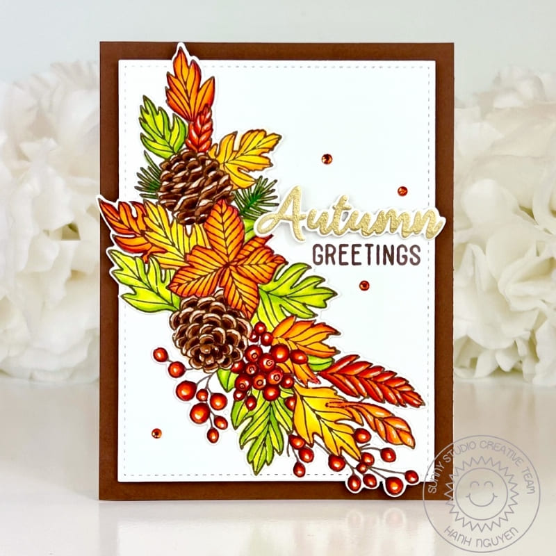 Sunny Studio Autumn Greetings Leaves, Berries, & Pinecones Fall Card using Autumn Garland 4x6 Clear Craft Stamps