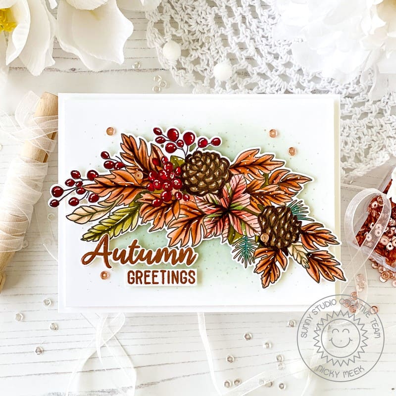 Sunny Studio Fall Leaves & Pinecones Autumn Greetings Card by Nicky Meek using Autumn Garland 4x6 Clear Craft Stamps