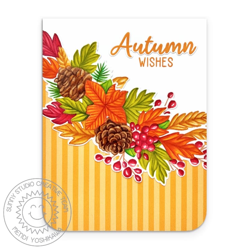 Sunny Studio No Line Copic Marker Coloring Leaves, Berries, & Pinecones Fall Wishes Card using Autumn Garland Clear Stamps