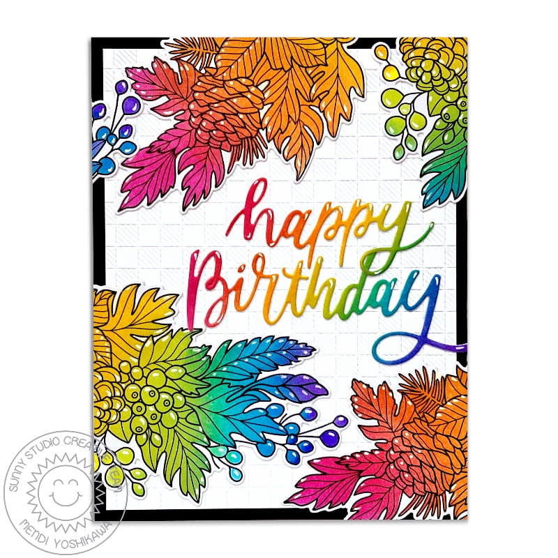 Sunny Studio Leaves, Berries, and Pinecones Colorful Embossed Rainbow Birthday Card using Autumn Garland Clear Craft Stamps