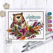 Sunny Studio Bear Holding Pinecone with Fall Leaves & Foliage Gold Foil Embossed Card using Autumn Garland Clear Craft Stamps