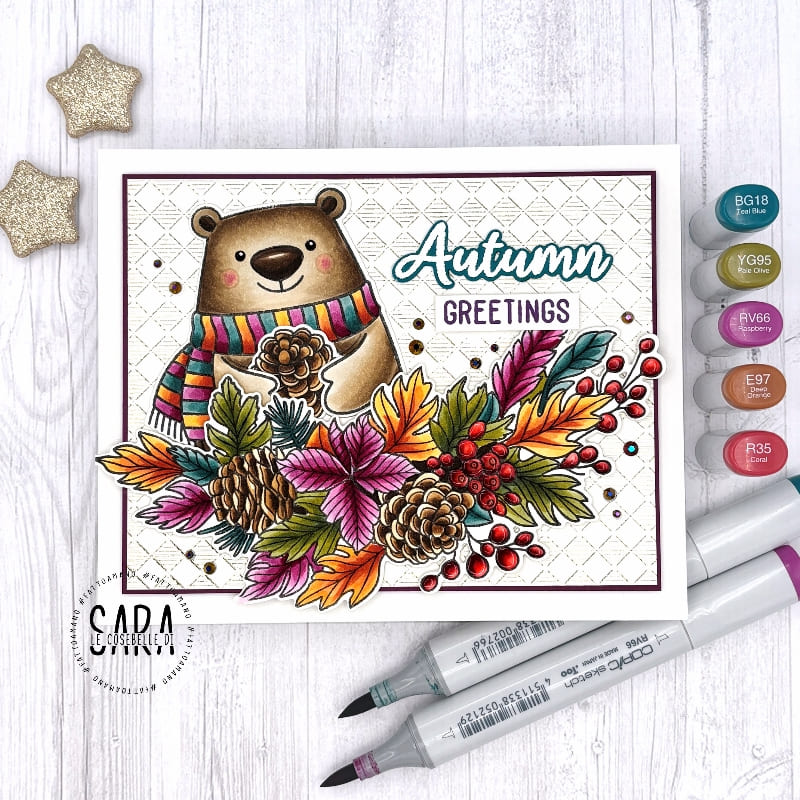 Sunny Studio Bear Holding Pinecone with Fall Leaves & Foliage Gold Foil Embossed Card using Autumn Garland Clear Craft Stamps