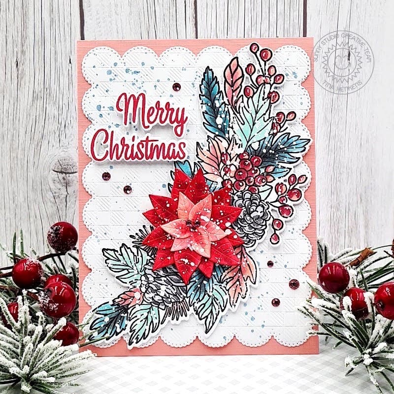 Sunny Studio Poinsettia, Leaves & Pinecones Bouquet Pink & Aqua Christmas Holiday Card using Autumn Garland Clear Craft Stamp