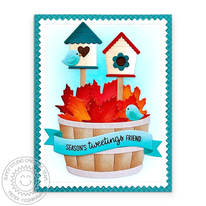 Sunny Studio Stamps Build-a-Birdhouse, Autumn Greenery, Wood Barrel, and Brilliant Banner 3 Fall Card
