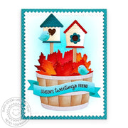Sunny Studio Stamps Fall Leaves & Birdhouses with Birds Handmade Autumn Card using Wood Barrel Metal Cutting Craft Dies