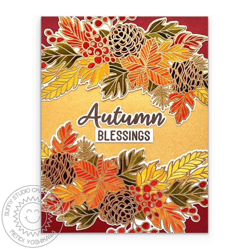 Sunny Studio Gold Embossed Watercolor Leaves, Berries, & Pinecones Fall Blessings Card using Autumn Garland 4x6 Clear Stamps