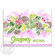 Sunny Studio Season's Greetings Leaves, Berries, & Pinecone Pink Holiday Christmas Card using Autumn Garland Clear Stamps