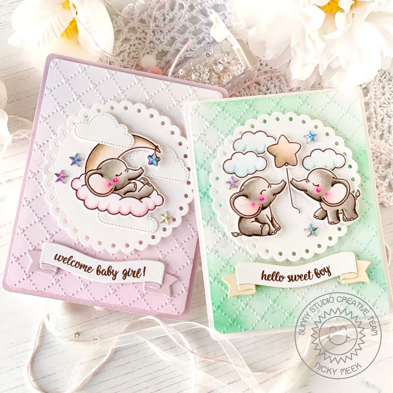Sunny Studio Hello & Welcome Sweet Baby Boy & Girl Elephant Scalloped Embossed Cards using Baby Elephant Clear Craft Stamps