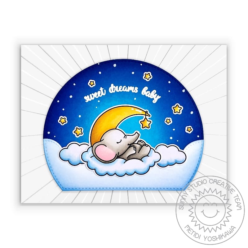 Sunny Studio Sweet Dreams Sleeping Baby with Moon and Stars in the Clouds Card (using Sunburst 6x6 Embossing Folder)