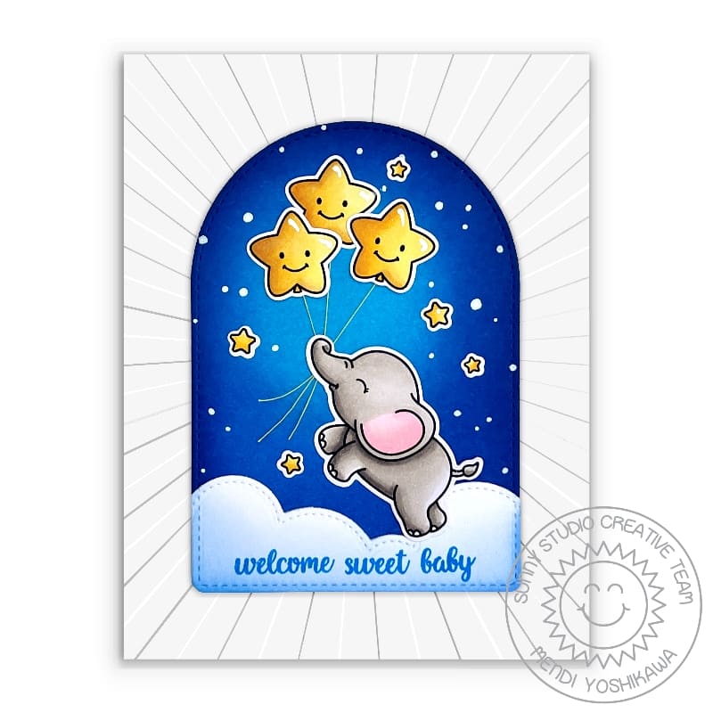 Sunny Studio Welcome Sweet Baby with Star Balloons in the Clouds with Night Sky Card (using Lots of Dots 6x6 Embossing Folder)