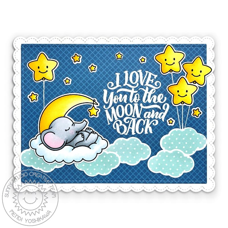 Sunny Studio I Love You To the Moon & Back Elephant Sleeping in Clouds with Stars Card using Baby Elephant Clear Craft Stamps