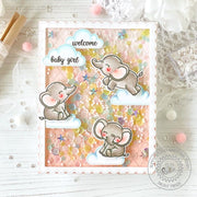 Sunny Studio Welcome Baby Girl Elephants on Clouds Peach Scalloped Sequin Shaker Card using Baby Elephants Clear Craft Stamps