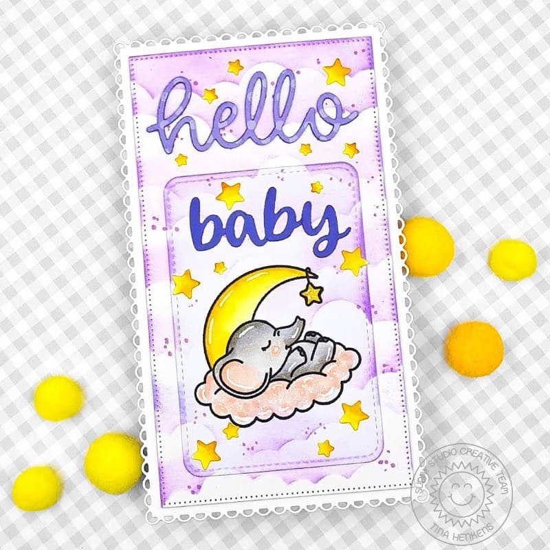 Sunny Studio Stamps Baby Elephant, Purple Clouds, and Moon Scalloped Slimline Card using Hello Word Metal Cutting Craft Die
