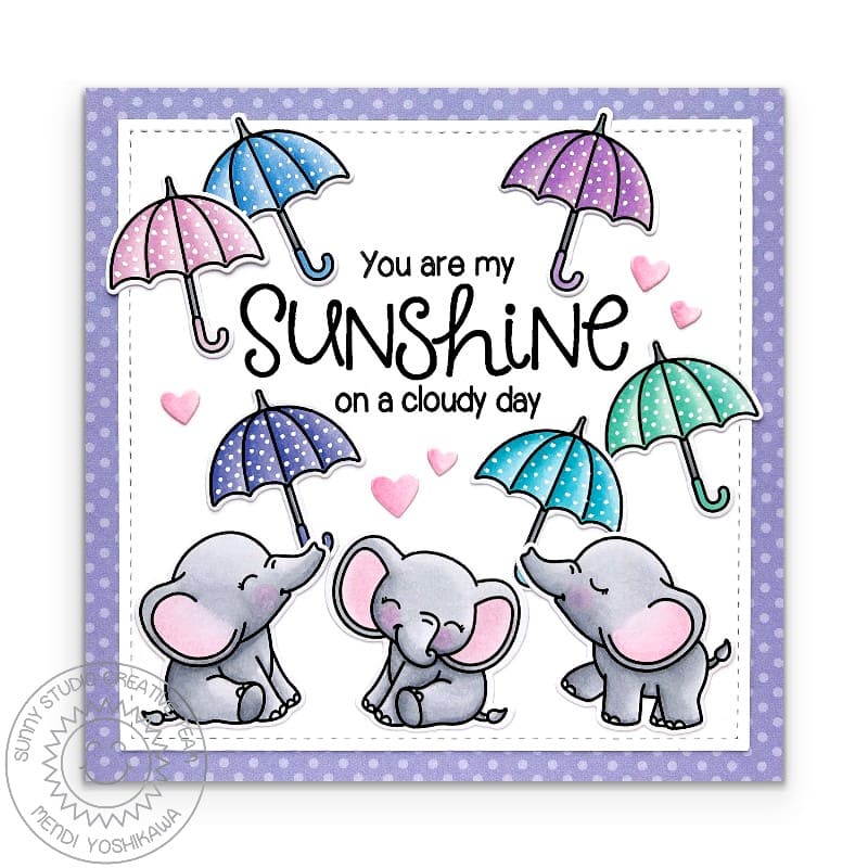 Sunny Studio You Are My Sunshine on a Cloudy Day Elephant with Pastel Umbrella Card using Sunny Sentiments Clear Craft Stamps