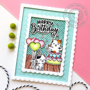 Sunny Studio Stamps Cat, Cake, and Balloons Aqua Embossed Scalloped Birthday Card using Moroccan Circles 6x6 Embossing Folder