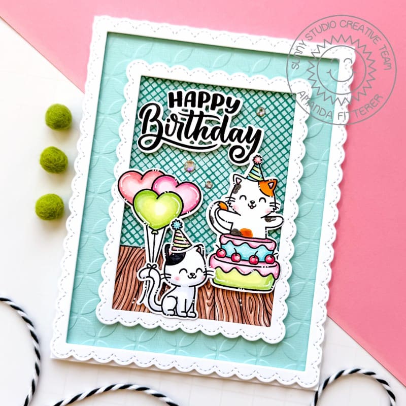 Sunny Studio Stamps Cat, Cake, and Balloons Aqua Embossed Scalloped Birthday Card using Moroccan Circles 6x6 Embossing Folder