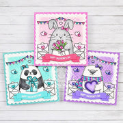 Sunny Studio Stamps Big Bunny, Panda & Bear Scalloped Square Valentine's Day Cards using Brilliant Banner 1 Metal Craft Dies