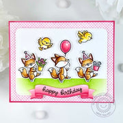 Sunny Studio Fox & Birds Pink Diagonal Grid Print Birthday Card using Background Basics 2 6x6 Backdrop Clear Craft Stamps