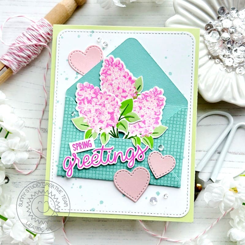 Sunny Studio Floral Flowers in Envelope Spring Greetings Card using Lovely Lilacs Clear Layering Craft Stamps & Cutting Dies
