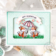 Sunny Studio Mint Fox with Scalloped Coral Umbrella Happy Valentine's Day Card using Foxy Friends 4x6 Clear Craft Stamps