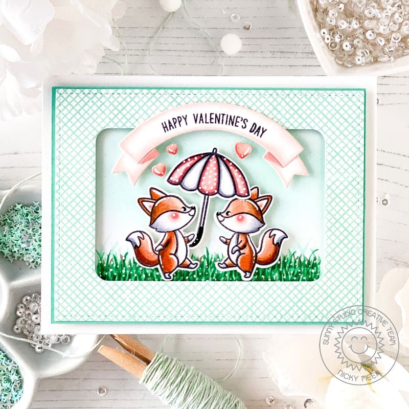 Sunny Studio Mint Fox with Scalloped Coral Umbrella Happy Valentine's Day Card using Foxy Friends 4x6 Clear Craft Stamps