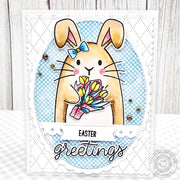 Sunny Studio Easter Greetings Bunny Rabbit Blue Checked Print Card using Background Basics 2 6x6 Backdrop Clear Craft Stamps