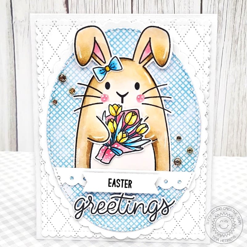 Sunny Studio Easter Greetings Bunny Rabbit Blue Checked Print Card using Background Basics 2 6x6 Backdrop Clear Craft Stamps
