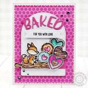 Sunny Studio Stamps "Baked with Love" Hot Pink Fox Baking Valentine's Day Cookies Card using Sydney Alphabet Metal Craft Dies