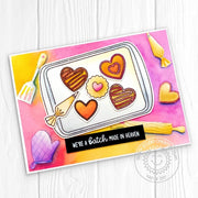 Sunny Studio We're A Batch Made In Heaven Heart Cookie Punny Love-Themed Baking Card using Baked With Love Clear Craft Stamps